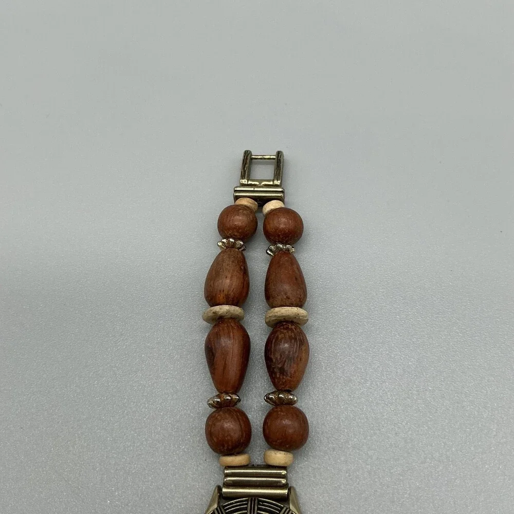 Express Womens Watch 24mm Brown Dial Wood Bead Bracelet New Battery
